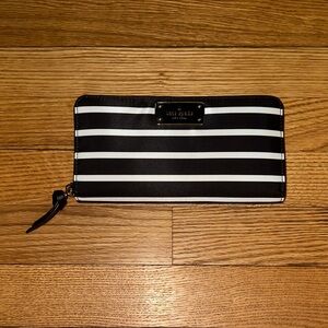 Kate Spade Neda Wilson Road French Black & White Stripe Nylon Zip Around Wallet
